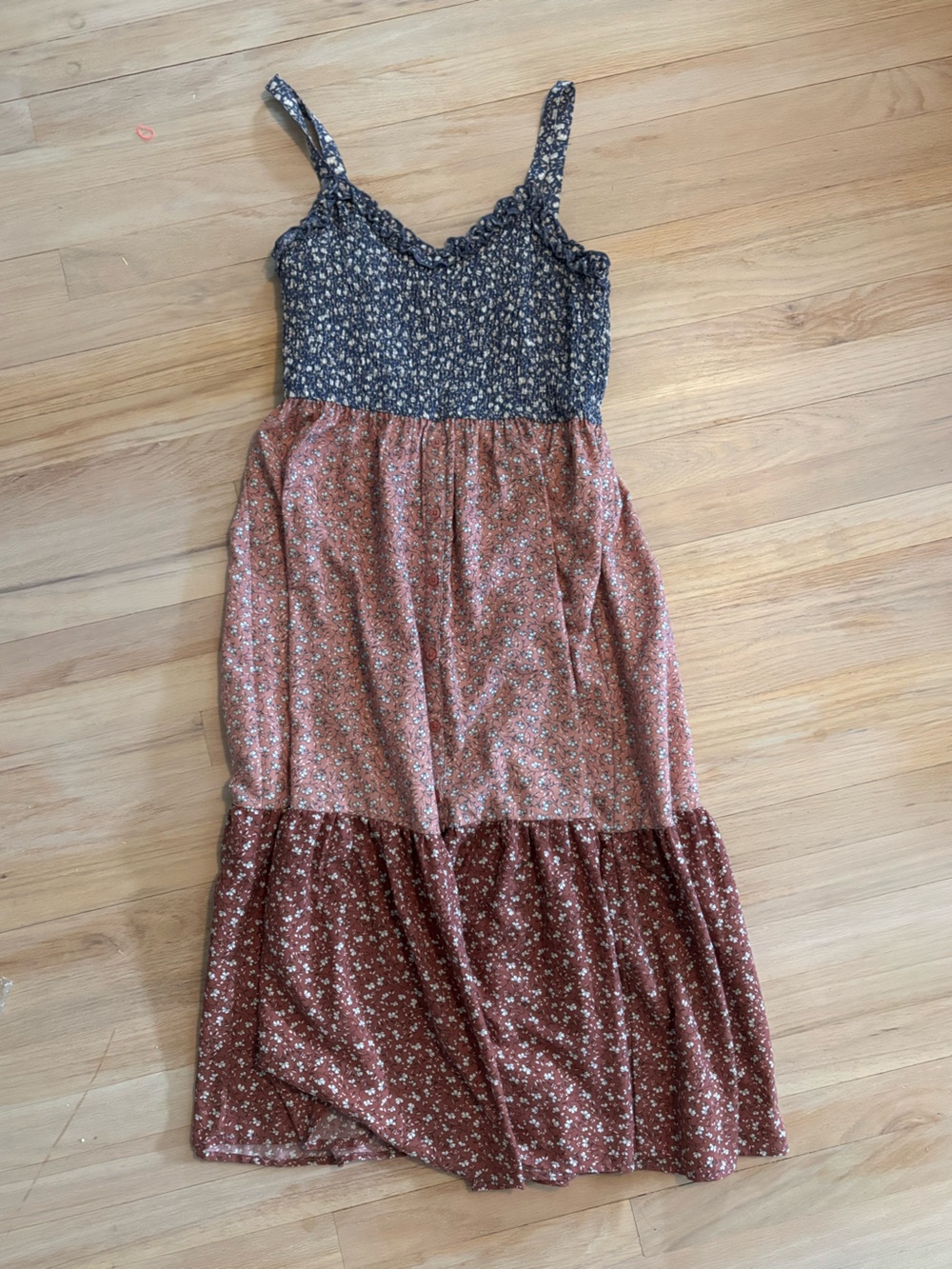 Two-Tone Floral Tiered Midi Skirt in Navy and Rust